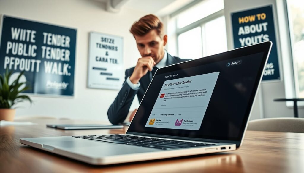 A professional business setting filled with a sense of anticipation and opportunity. In the foreground, a sleek laptop displays a notification alerting about new public tender opportunities, with colorful icons representing emails popping up on the screen. The middle ground features a person in business attire, thoughtfully reviewing the laptop, with a look of focus and determination. The background showcases a modern office environment bathed in bright, natural light, with motivational posters about seizing opportunities and career growth. The overall mood is energetic and empowering, emphasizing the importance of staying informed about public tenders. The scene is shot at eye level using a wide-angle lens to create a dynamic perspective. A professional business setting filled with a sense of anticipation and opportunity. In the foreground, a sleek laptop displays a notification alerting about new public tender opportunities, with colorful icons representing emails popping up on the screen. The middle ground features a person in business attire, thoughtfully reviewing the laptop, with a look of focus and determination. The background showcases a modern office environment bathed in bright, natural light, with motivational posters about seizing opportunities and career growth. The overall mood is energetic and empowering, emphasizing the importance of staying informed about public tenders. The scene is shot at eye level using a wide-angle lens to create a dynamic perspective.