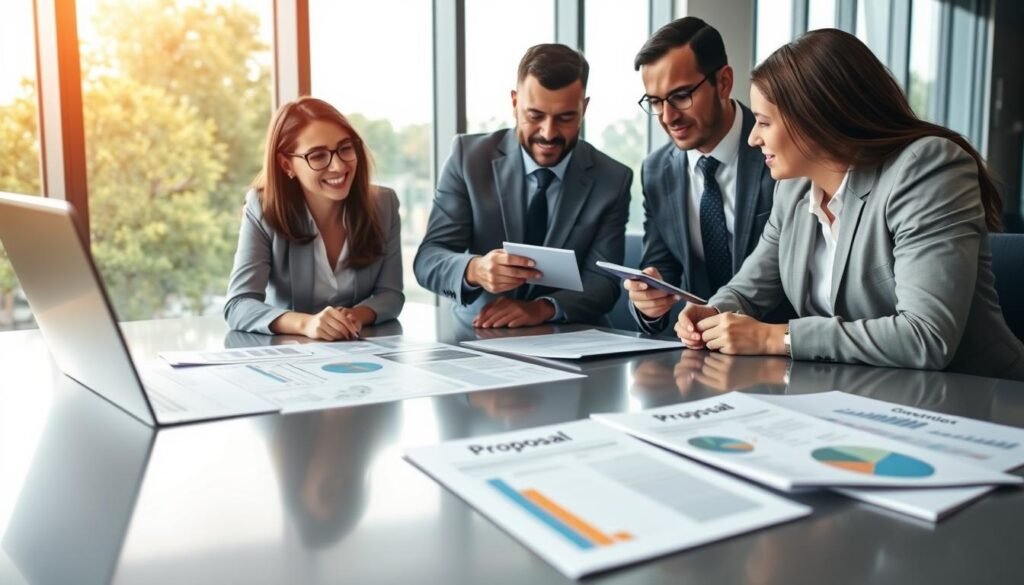 A professional business setting focused on preparing a bid for a contract. In the foreground, a group of three diverse individuals, dressed in formal business attire, are intensely discussing a proposal spread out on a sleek conference table. One person, a woman with glasses, points at a chart with a confident smile, while a man takes notes. In the middle ground, a laptop displays charts and spreadsheets, and documents with a "Proposal" header. The background shows a modern office with large windows allowing soft, natural daylight to illuminate the room, creating a focused and determined atmosphere. The scene is captured from a slight angle to emphasize collaboration and preparation. A professional business setting focused on preparing a bid for a contract. In the foreground, a group of three diverse individuals, dressed in formal business attire, are intensely discussing a proposal spread out on a sleek conference table. One person, a woman with glasses, points at a chart with a confident smile, while a man takes notes. In the middle ground, a laptop displays charts and spreadsheets, and documents with a "Proposal" header. The background shows a modern office with large windows allowing soft, natural daylight to illuminate the room, creating a focused and determined atmosphere. The scene is captured from a slight angle to emphasize collaboration and preparation.