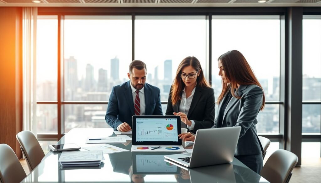 A professional business setting illustrating the concepts of costs, risks, and compliance in governmental contracting. In the foreground, a diverse group of three business professionals dressed in business attire, engaged in a focused discussion around a digital tablet displaying data analytics. The middle ground features a modern conference table with documents, charts, and a laptop, emphasizing the decision-making process. In the background, a large window allows natural light to flood the room, showcasing a cityscape that hints at ambition and growth. The atmosphere is serious yet collaborative, conveying a sense of urgency and careful consideration in choosing the right service or platform. The lighting is bright and natural, creating an inviting yet professional environment.