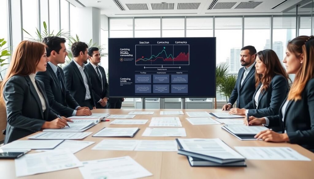 A professional business setting illustrating the different modalities of contracting in Colombia. In the foreground, a diverse group of professionals in business attire, engaged in discussion around a table filled with contracts and documents. The middle layer features a large screen displaying graphs and flowcharts that represent the selection process and contracting modalities. In the background, a bright office space with large windows letting in natural light, plants, and a city skyline visible. The mood is collaborative and focused, emphasizing professionalism and clarity. The angle captures both the details on the table and the interactions among the people, creating an informative and engaging atmosphere.
