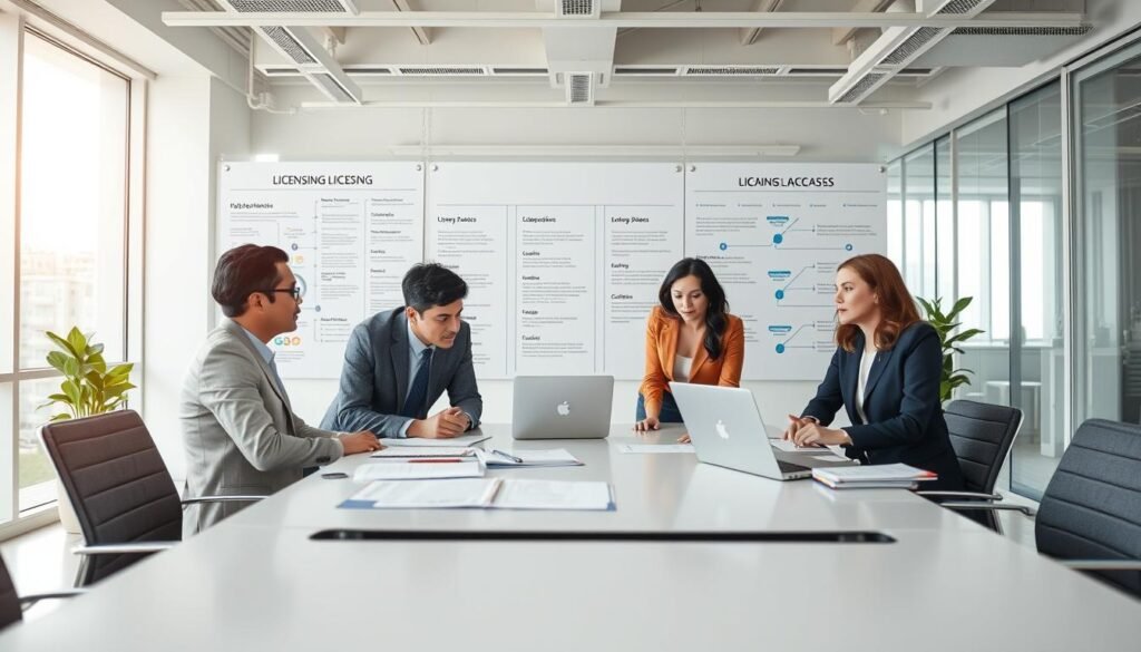 A professional business setting illustrating the step-by-step process of public bidding in Colombia. In the foreground, a diverse group of four individuals in smart business attire (two men and two women) are engaged in a collaborative discussion, with documents and a laptop open on a modern conference table. In the middle ground, large visual aids, such as flowcharts and infographics, depict the licensing process, showing clear steps and deadlines. The background features a bright, airy office space with large windows allowing natural light to flood in, creating a welcoming atmosphere. Use a wide-angle lens to capture a sense of collaboration and focus, emphasizing the importance of efficiency and opportunity in the bidding process. The overall mood should be professional and optimistic, highlighting teamwork and clarity in navigating public tenders. A professional business setting illustrating the step-by-step process of public bidding in Colombia. In the foreground, a diverse group of four individuals in smart business attire (two men and two women) are engaged in a collaborative discussion, with documents and a laptop open on a modern conference table. In the middle ground, large visual aids, such as flowcharts and infographics, depict the licensing process, showing clear steps and deadlines. The background features a bright, airy office space with large windows allowing natural light to flood in, creating a welcoming atmosphere. Use a wide-angle lens to capture a sense of collaboration and focus, emphasizing the importance of efficiency and opportunity in the bidding process. The overall mood should be professional and optimistic, highlighting teamwork and clarity in navigating public tenders.