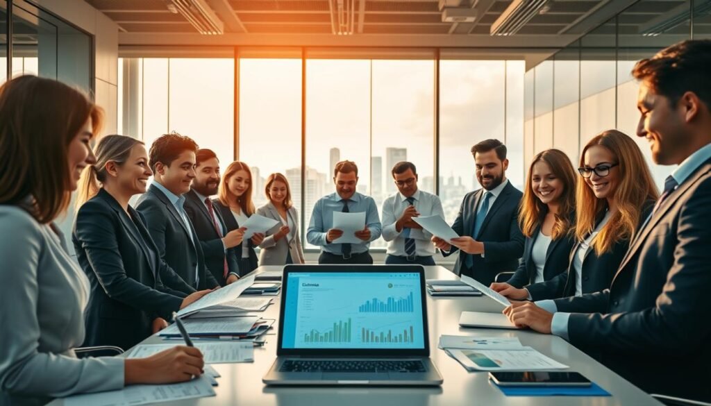 A professional business setting showcasing a bustling office environment focused on bidding opportunities in Colombia. In the foreground, a diverse group of professionals in business attire are engaged in a lively discussion, reviewing documents and digital devices with bright expressions. In the middle ground, a large conference table is filled with papers, charts, and a laptop displaying a digital bidding platform. The background features large windows allowing natural light to flood the room, highlighting a view of the Colombian skyline. The atmosphere is energetic and collaborative, conveying a sense of purpose and opportunity. Use warm, inviting lighting to enhance the mood while maintaining a professional appearance. The image should be framed at eye level to capture the dynamic interplay among team members.