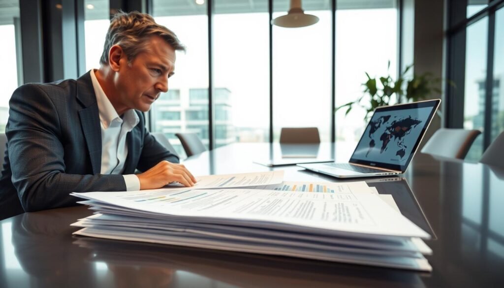 A professional business setting showcasing a close-up view of a focused individual reviewing contract documents and bid sheets. The foreground features a well-dressed person, perhaps a middle-aged professional, intently examining the papers spread across a sleek conference table. Their expression conveys concentration and clarity. In the middle ground, a laptop displays charts and graphs essential to the review process, while a modern steel-and-glass office environment provides a corporate backdrop. Soft, natural lighting filters through large windows, creating a bright and inviting atmosphere. The mood is serious yet constructive, emphasizing the importance of understanding the nuances of bidding processes. The angle is slightly elevated, capturing both the subject and the intricate details of the documents.