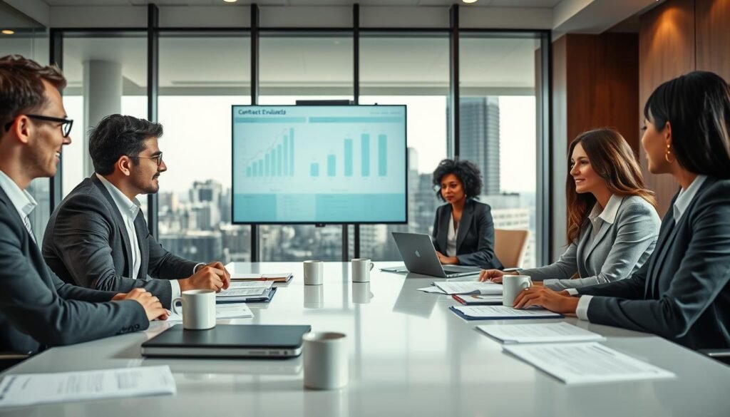A professional business setting showcasing a contract evaluation meeting. In the foreground, a diverse group of four professionals in business attire—two men and two women—are seated around a sleek conference table covered with documents, laptops, and coffee cups. The middle area features a large window with natural light pouring in, illuminating charts and graphs on a presentation screen. In the background, a cityscape is visible through the glass, suggesting an urban environment. The atmosphere is focused yet collaborative, with expressions of concentration and engagement. Soft, warm lighting enhances the professional vibe, capturing a moment of teamwork and decision-making in the contract award process.