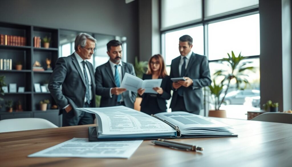 A professional business setting showcasing a "declaración de bienes" scene. In the foreground, a neatly arranged table with documents, a transparent binder holding a declaration form, and a pen. In the middle, a diverse group of three individuals in professional attire—two men and one woman—discussing the documents. One man is pointing to a financial report, while the woman is taking notes. The background features a modern office with large windows allowing natural light to filter in, plants for a touch of nature, and subtly placed shelves filled with books and awards. The overall atmosphere is one of transparency, professionalism, and collaboration, highlighting the theme of data accountability and compliance. Soft lighting enhances the seriousness of the setting without being overly dramatic. A professional business setting showcasing a "declaración de bienes" scene. In the foreground, a neatly arranged table with documents, a transparent binder holding a declaration form, and a pen. In the middle, a diverse group of three individuals in professional attire—two men and one woman—discussing the documents. One man is pointing to a financial report, while the woman is taking notes. The background features a modern office with large windows allowing natural light to filter in, plants for a touch of nature, and subtly placed shelves filled with books and awards. The overall atmosphere is one of transparency, professionalism, and collaboration, highlighting the theme of data accountability and compliance. Soft lighting enhances the seriousness of the setting without being overly dramatic.