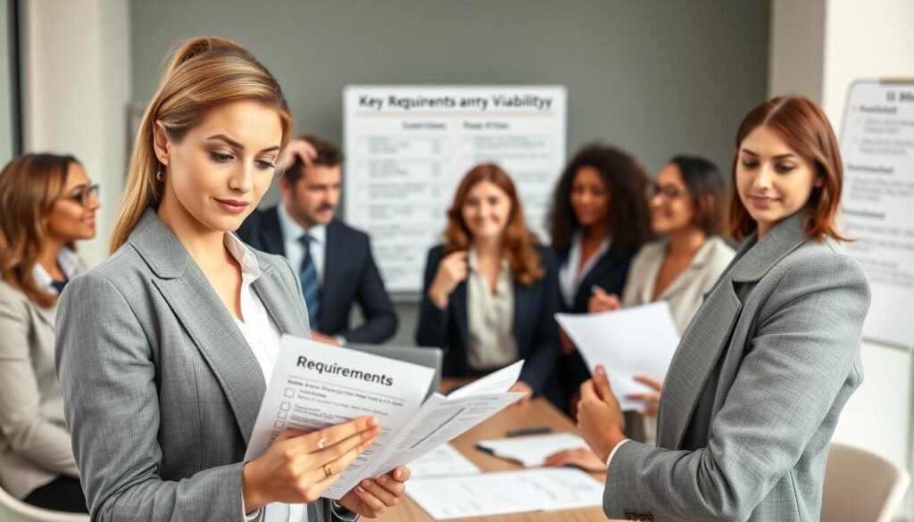 A professional business setting showcasing a diverse group of individuals, both men and women, dressed in smart business attire. In the foreground, a confident woman examines a checklist titled "Requirements" with focused determination, her expression reflecting thoughtful consideration. In the middle ground, a diverse team engages in animated discussion around a conference table, analyzing documents and charts about public bidding viability. In the background, a large whiteboard displays bullet points of key requirements and viability criteria in an organized manner. Soft, natural lighting creates a bright and optimistic atmosphere, captured from a slightly elevated angle to emphasize teamwork and preparation. The image conveys a sense of professionalism and strategic planning. A professional business setting showcasing a diverse group of individuals, both men and women, dressed in smart business attire. In the foreground, a confident woman examines a checklist titled "Requirements" with focused determination, her expression reflecting thoughtful consideration. In the middle ground, a diverse team engages in animated discussion around a conference table, analyzing documents and charts about public bidding viability. In the background, a large whiteboard displays bullet points of key requirements and viability criteria in an organized manner. Soft, natural lighting creates a bright and optimistic atmosphere, captured from a slightly elevated angle to emphasize teamwork and preparation. The image conveys a sense of professionalism and strategic planning.