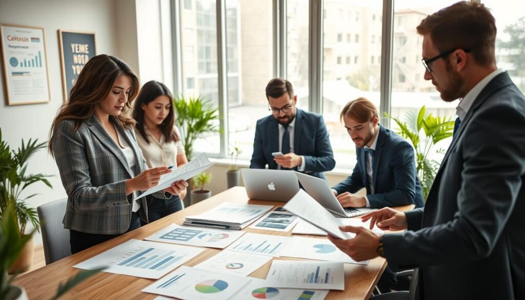 A professional business setting showcasing a diverse group of individuals collaborating on a competitive proposal for a tender. In the foreground, a focused woman in a smart blazer reviews documents and takes notes on a digital tablet, while a man in a suit offers insights from a laptop. In the middle ground, a large table is filled with charts, graphs, and printed proposals, indicating detailed analysis and strategy brainstorming. In the background, large windows allow natural light to flood the room, accentuating a vibrant office environment with plants and motivational posters. The overall mood is dynamic and collaborative, highlighting the seriousness of preparing for a tender. The composition uses a slight overhead angle to capture the teamwork in action while maintaining a professional atmosphere.