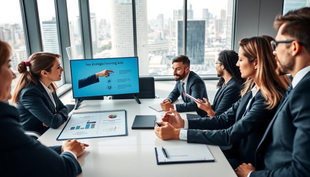 A professional business setting showcasing a diverse group of individuals engaged in a strategic meeting around a large table. The foreground features a confident businesswoman pointing at a digital presentation on a screen, illustrating key strategies for winning bids. The middle ground includes colleagues taking notes and discussing passionately, all dressed in tailored suits and professional attire. The background consists of a modern office with a large window revealing a bustling cityscape. The lighting is bright and inviting, creating an atmosphere of collaboration and determination. The angle is slightly elevated, capturing the dynamics of the group while emphasizing the focus on teamwork and shared knowledge.