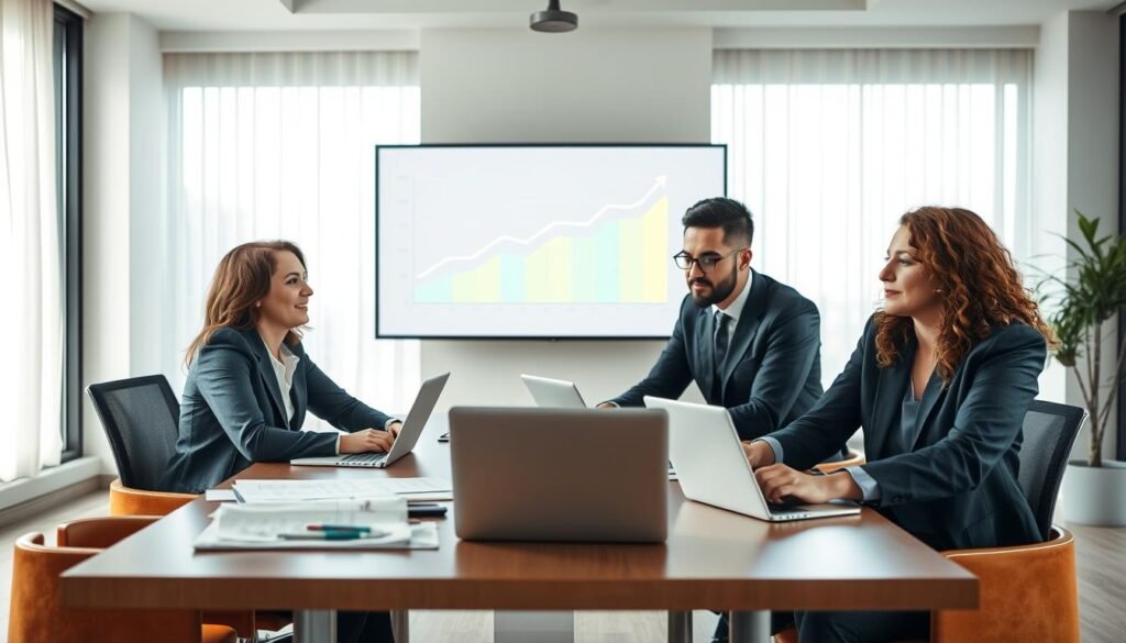 A professional business setting showcasing a diverse group of individuals engaged in a collaborative discussion. In the foreground, three business professionals—two women and one man—all dressed in smart business attire, are seated around a modern conference table filled with laptops, documents, and charts. Their expressions convey determination and focus as they share ideas. In the middle background, a large screen displays a graph indicating growth and success in a corporate environment, reinforcing the theme of experience in private enterprises. Soft, natural lighting floods the room through large windows, creating a warm atmosphere. The mood is one of ambition, teamwork, and professional development, reflecting a sense of achievement and expertise in a corporate setting.