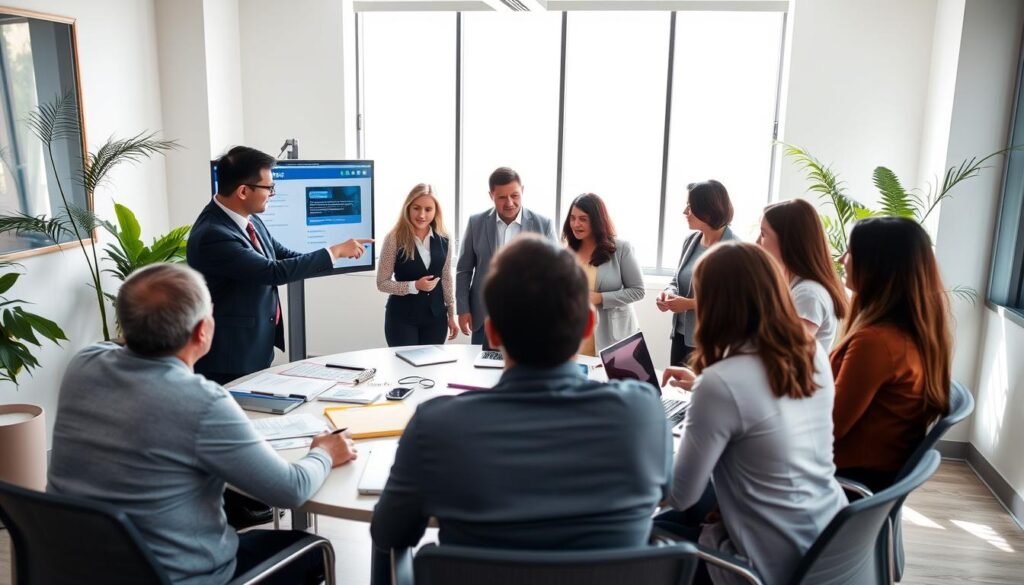 A professional business setting showcasing a diverse group of individuals engaged in a collaborative meeting about public procurement processes in Colombia. In the foreground, two people in formal attire, a man and a woman, are pointing at a digital screen displaying SECOP (Sistema Electrónico para la Contratación Pública) content. The middle ground features a round table cluttered with documents, laptops, and digital devices, indicating ongoing discussions. In the background, a large window lets in bright natural light, creating an inviting atmosphere. The office decor reflects a modern aesthetic, with neutral colors and green plants adding a touch of warmth. The mood is focused and energetic, emphasizing the importance of visibility and competition in public procurement. A professional business setting showcasing a diverse group of individuals engaged in a collaborative meeting about public procurement processes in Colombia. In the foreground, two people in formal attire, a man and a woman, are pointing at a digital screen displaying SECOP (Sistema Electrónico para la Contratación Pública) content. The middle ground features a round table cluttered with documents, laptops, and digital devices, indicating ongoing discussions. In the background, a large window lets in bright natural light, creating an inviting atmosphere. The office decor reflects a modern aesthetic, with neutral colors and green plants adding a touch of warmth. The mood is focused and energetic, emphasizing the importance of visibility and competition in public procurement.