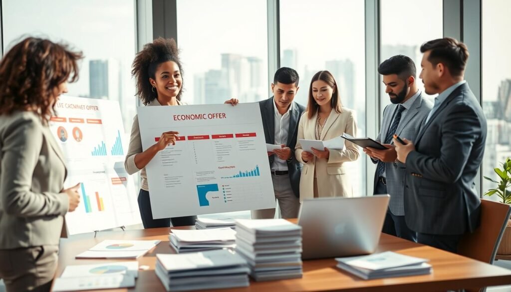 A professional business setting, showcasing a diverse group of individuals engaged in a dynamic brainstorming session. In the foreground, a confident woman of Latin descent presents a visually appealing economic offer on a large, neatly arranged poster board. Next to her, a man of African descent takes notes, while a Hispanic man examines documents. The middle ground features a table filled with charts, laptops displaying graphs, and stacks of printed proposals. In the background, a sunlit modern office with glass windows highlights a skyline view, creating an atmosphere of innovation and collaboration. Soft, natural lighting illuminates the scene, enhancing the warm, inviting mood conducive to creative teamwork. The image focuses on professionalism, encouraging a sense of aspiration and success in building compelling economic offers.