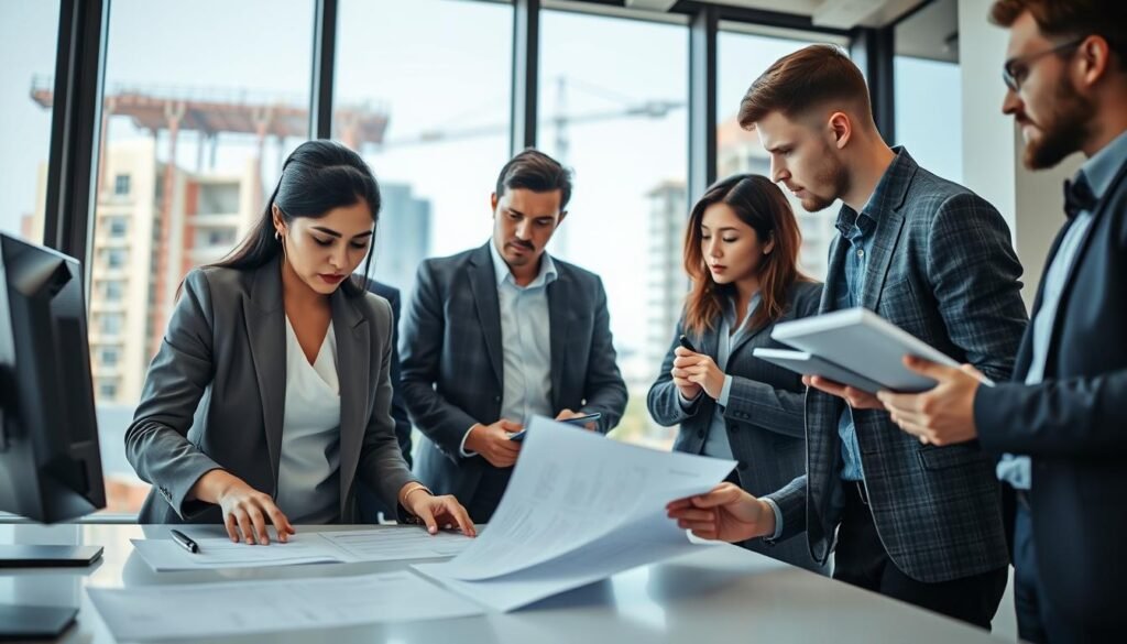 A professional business setting showcasing a diverse group of individuals engaged in a serious discussion over a construction contract evaluation. In the foreground, a mid-30s Colombian woman in a smart blazer reviews documents on a table, her expression focused and determined. To her left, a middle-aged man in a suit points at a digital screen displaying contract terms, while a young male architect in a casual yet professional outfit takes notes on a notepad. The background features large windows with a view of a construction site, indicating the ongoing building project. The lighting is bright and professional, emanating from overhead lights and natural sunlight. The atmosphere is tense yet collaborative, conveying a sense of urgency and teamwork.