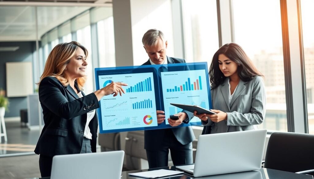 A professional business setting showcasing a diverse group of three individuals analyzing a digital interface displaying charts and graphs related to goods and services classification. In the foreground, a woman in business attire points to a bright, interactive screen filled with data, with a thoughtful expression. In the middle ground, a man in a suit takes notes, while another colleague, wearing smart casual clothing, discusses details with an open laptop beside him. The background features a modern office environment with large windows, allowing natural light to illuminate the scene, casting soft shadows. The atmosphere is collaborative and focused, emphasizing teamwork and analysis in a financial context.