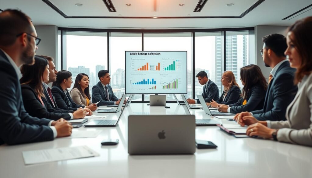A professional business setting showcasing a public bidding process in Colombia. In the foreground, a diverse group of individuals dressed in formal business attire, including men and women of various ethnicities, engaged in discussion around a large conference table covered with documents, laptops, and presentation materials. In the middle ground, a large screen displays graphs and data related to selection processes. The background features a modern office with panoramic windows, revealing a bustling cityscape. Soft, natural light filters through, creating a bright atmosphere, and the image is captured with a slight tilt-up angle to emphasize the collaborative environment. The mood is focused and professional, reflecting the seriousness of the bidding process. A professional business setting showcasing a public bidding process in Colombia. In the foreground, a diverse group of individuals dressed in formal business attire, including men and women of various ethnicities, engaged in discussion around a large conference table covered with documents, laptops, and presentation materials. In the middle ground, a large screen displays graphs and data related to selection processes. The background features a modern office with panoramic windows, revealing a bustling cityscape. Soft, natural light filters through, creating a bright atmosphere, and the image is captured with a slight tilt-up angle to emphasize the collaborative environment. The mood is focused and professional, reflecting the seriousness of the bidding process.