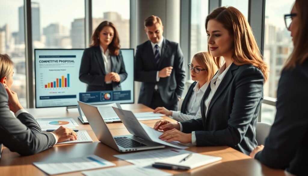A professional business setting showcasing a public procurement process, with a diverse group of individuals in formal business attire participating in a meeting. In the foreground, a confident woman presenting a detailed proposal on a laptop, while colleagues engage in discussion around a conference table. The middle layer features documents, charts, and a large visual display screen illustrating key points of a competitive proposal, with colorful graphs. In the background, large windows reveal a cityscape, natural light illuminating the room, creating a collaborative atmosphere. Soft shadows and a balanced depth of field enhance the professional mood. The overall composition conveys determination and teamwork in a modern office environment, emphasizing the effort to secure public contracts.