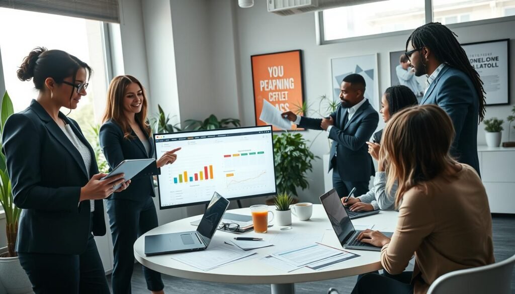 A professional business setting showcasing a team of diverse consultants collaboratively working on public bidding documents. In the foreground, a confident woman in business attire holds a tablet, reviewing a bid proposal with a focused expression. Beside her, a man in a suit points at a large screen displaying graphs and project timelines. In the middle ground, a round table is cluttered with documents, laptops, and a coffee cup, suggesting an intense brainstorming session. Windows in the background flood the room with natural light, illuminating a modern office space filled with plants and motivational artwork. The atmosphere is energetic yet focused, reflecting the importance of teamwork in the public bidding process.