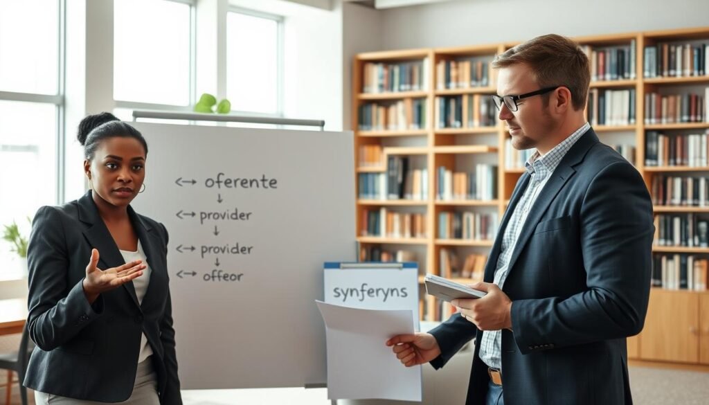 A professional business setting showcasing diverse individuals engaged in a discussion about synonyms. In the foreground, a confident Black woman in a crisp blazer gestures emphatically, representing the term "oferente." Beside her, a Caucasian man with glasses, holding a notepad, looks thoughtfully at a word chart depicting synonyms like "provider" and "offeror." The middle ground features a large whiteboard with neatly written words and arrows connecting the synonyms. The background reveals bookshelves filled with reference materials in a well-lit office space, emphasizing an academic atmosphere. Soft, natural lighting from large windows illuminates the scene, creating an inviting and collaborative mood. The angle is slightly elevated, giving a comprehensive view of the interaction without any distractions.