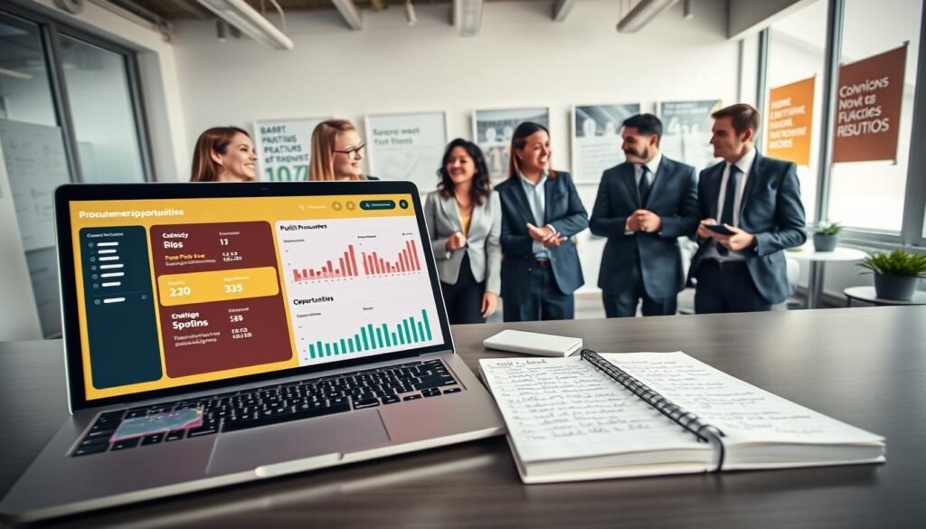 A professional business setting showcasing various digital tools and resources for procurement opportunities in Colombia. In the foreground, a modern laptop displays a vibrant dashboard of public procurement platforms, with graphs and alerts indicating new bids and opportunities. Beside it, a notepad with neatly written notes on strategic procurement practices. In the middle ground, a diverse group of professionals in business attire, engaged in animated discussion, illustrating collaboration and networking. The background features a bright, open office with large windows inviting natural light, and motivational posters related to business growth. The overall mood is optimistic and focused, highlighting the potential for success in public procurement. The angle is a dynamic overhead view, capturing the lively interaction among the professionals. A professional business setting showcasing various digital tools and resources for procurement opportunities in Colombia. In the foreground, a modern laptop displays a vibrant dashboard of public procurement platforms, with graphs and alerts indicating new bids and opportunities. Beside it, a notepad with neatly written notes on strategic procurement practices. In the middle ground, a diverse group of professionals in business attire, engaged in animated discussion, illustrating collaboration and networking. The background features a bright, open office with large windows inviting natural light, and motivational posters related to business growth. The overall mood is optimistic and focused, highlighting the potential for success in public procurement. The angle is a dynamic overhead view, capturing the lively interaction among the professionals.