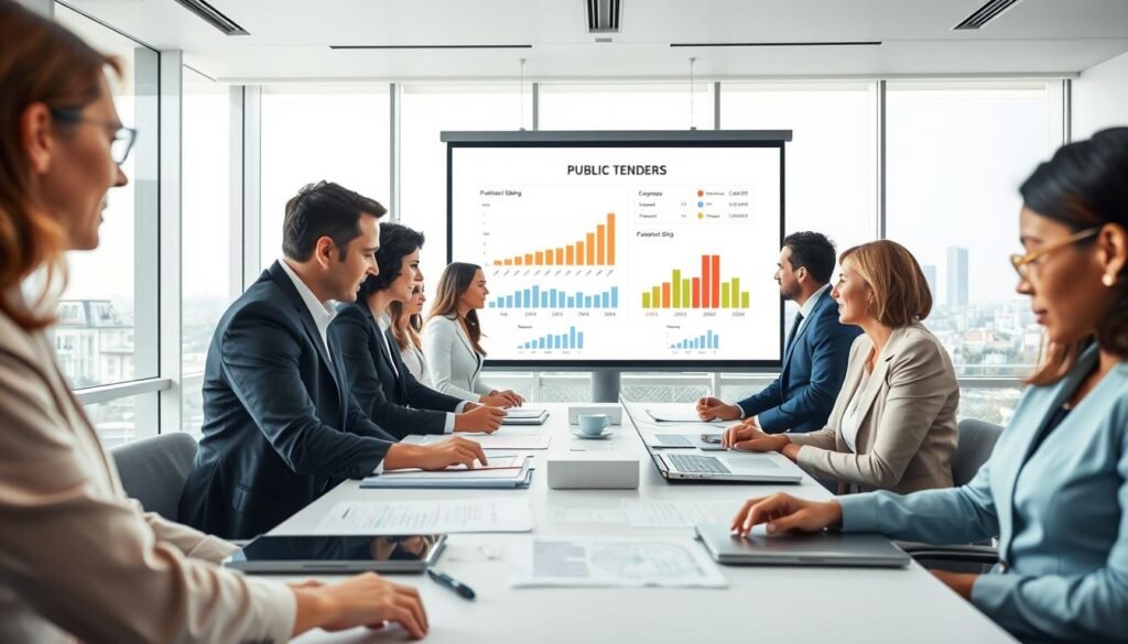 A professional business setting that illustrates the concept of public tenders. In the foreground, a diverse group of business professionals in business attire, such as suits and blouses, are gathered around a conference table filled with documents, charts, and laptops. The middle ground features a large presentation screen displaying graphs and data related to public bidding processes. In the background, a bright, modern office space with large windows showcasing a city skyline, symbolizing opportunity and growth. The lighting is bright and natural, creating an optimistic atmosphere. Capture the focus and engagement of the individuals as they discuss and analyze the concepts related to public tenders in Colombia.