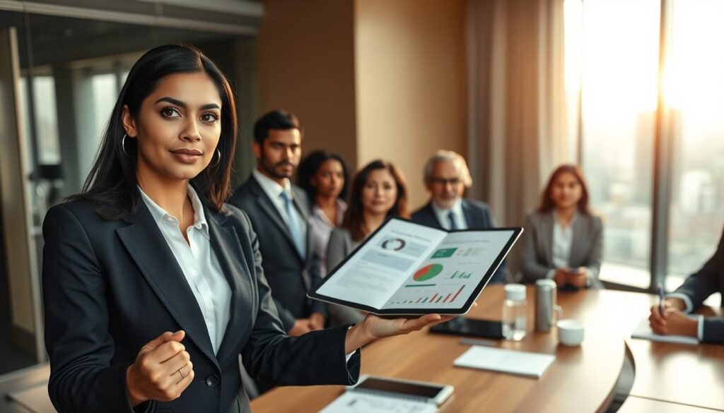 A professional business setting where a diverse group of individuals engage in a formal meeting regarding public contract bidding in Colombia. In the foreground, an earnest Latin American woman dressed in a sharp business suit presents a project proposal to a committee, showcasing documents and charts on a tablet. The middle ground features attentive colleagues of varied ethnicities also in professional attire, engaged in the discussion. In the background, a large window reveals a modern cityscape, with soft afternoon light filtering in, casting a warm glow over the scene. The overall mood is focused and collaborative, reflecting the seriousness and professionalism of the contracting process with the state. The composition captures a sense of purpose and teamwork. A professional business setting where a diverse group of individuals engage in a formal meeting regarding public contract bidding in Colombia. In the foreground, an earnest Latin American woman dressed in a sharp business suit presents a project proposal to a committee, showcasing documents and charts on a tablet. The middle ground features attentive colleagues of varied ethnicities also in professional attire, engaged in the discussion. In the background, a large window reveals a modern cityscape, with soft afternoon light filtering in, casting a warm glow over the scene. The overall mood is focused and collaborative, reflecting the seriousness and professionalism of the contracting process with the state. The composition captures a sense of purpose and teamwork.