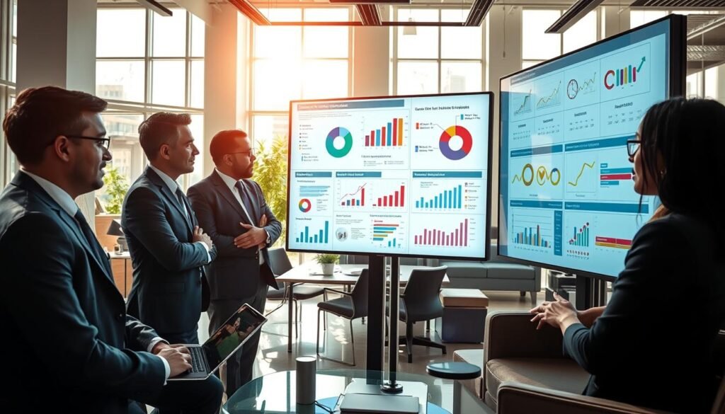 A professional business team analyzing data visualizations related to SECOP I, SECOP II, and Tienda Virtual. In the foreground, diverse individuals in smart business attire are focused on large digital screens displaying colorful graphs, pie charts, and infographics, vividly representing procurement data and decision-making processes. In the middle ground, a modern workspace with sleek furniture and high-tech gadgets complements the business atmosphere. The background features floor-to-ceiling windows letting in natural sunlight, casting a warm glow across the scene. The mood is collaborative and dynamic, emphasizing innovation in public procurement. The image captures a sense of forward-thinking engagement in discussing strategies for effective participation. A professional business team analyzing data visualizations related to SECOP I, SECOP II, and Tienda Virtual. In the foreground, diverse individuals in smart business attire are focused on large digital screens displaying colorful graphs, pie charts, and infographics, vividly representing procurement data and decision-making processes. In the middle ground, a modern workspace with sleek furniture and high-tech gadgets complements the business atmosphere. The background features floor-to-ceiling windows letting in natural sunlight, casting a warm glow across the scene. The mood is collaborative and dynamic, emphasizing innovation in public procurement. The image captures a sense of forward-thinking engagement in discussing strategies for effective participation.
