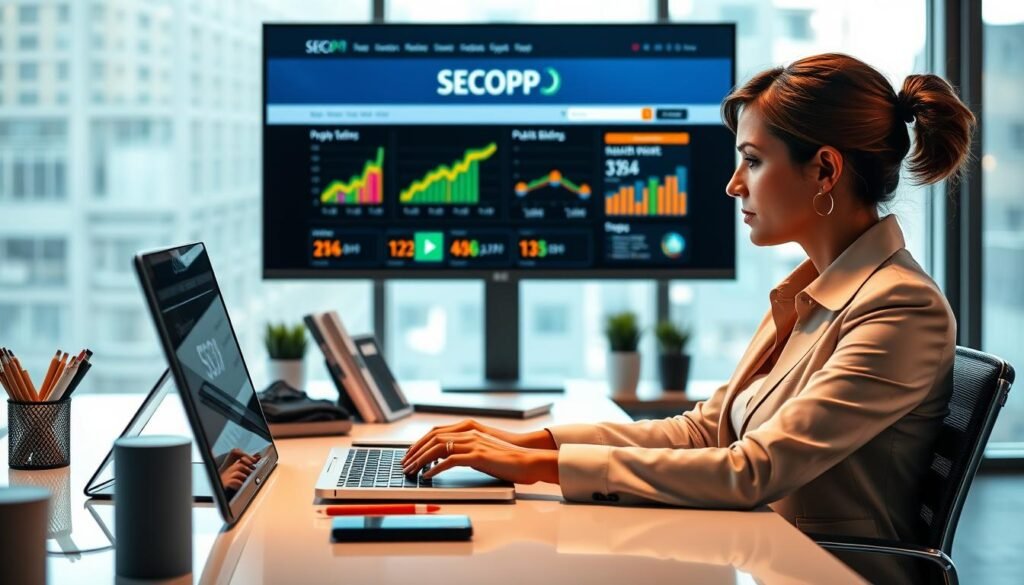 A professional businesswoman sitting at a sleek desk, focused on a computer screen displaying the SECOP website. The foreground features a close-up of her hands typing on a laptop, with office supplies neatly arranged. In the middle, a large monitor showcases colorful graphs and statistics related to public bidding opportunities. The background includes a modern, well-lit office with large windows that let in natural light, casting soft shadows. The atmosphere is one of determination and professionalism, highlighting the seriousness of searching for public contract opportunities. Use a realistic style with warm lighting to convey optimism and the potential for success in public procurement.