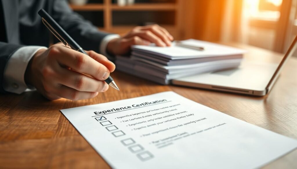 A professional checklist titled "Experience Certification" laid out on a wooden desk. The checklist features neatly organized bullet points, with boxes ready for ticking. In the foreground, a pair of hands in formal attire are holding a pen, poised to check off items. In the middle ground, an elegant stack of documents and a laptop are visible, suggesting a workspace. The background shows a softly blurred office environment with natural light filtering in through a window, creating a warm and inviting atmosphere. The overall mood is focused and professional, evoking a sense of determination and preparation. The composition emphasizes clarity and organization, suitable for conveying the importance of certification in showcasing experience.