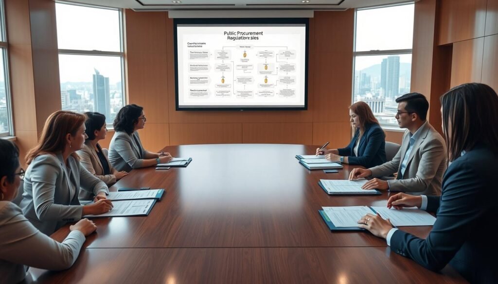 A professional conference room scene in Colombia, focusing on public procurement regulations. In the foreground, a diverse group of professionals in formal business attire discussing documents and contracts on a polished wooden table. The middle ground features a large screen displaying intricate charts and flow diagrams illustrating public procurement rules. In the background, large windows allow natural light to flood the room, showcasing the vibrant Colombian skyline. The atmosphere is one of collaboration and serious deliberation, emphasizing the importance of compliance in bidding processes. The image should convey a sense of professionalism and focus, with a warm, inviting color palette and soft shadows to create depth.