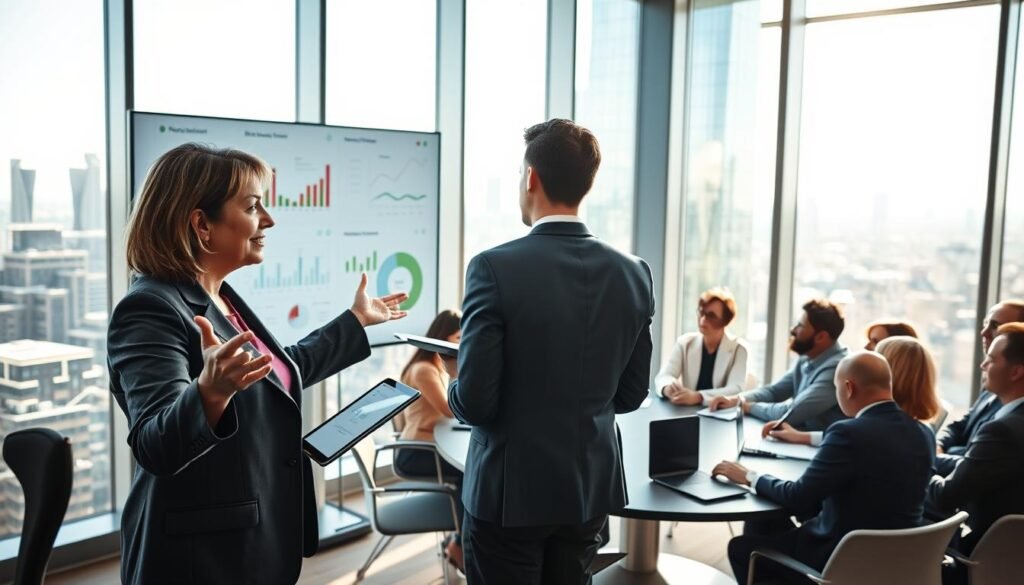 A professional conference room setting filled with diverse business consultants engaged in a dynamic discussion about public procurement optimization. In the foreground, a middle-aged woman wearing a blazer gestures confidently towards a large screen displaying various procurement charts and graphs. Beside her, a young man in a smart casual outfit is taking notes on a digital tablet. In the middle ground, a round table is surrounded by professionals of different ethnicities, all dressed in business attire, engaged in brainstorming and deliberations. The background features a glass wall overlooking a city skyline, bathed in soft, natural daylight streaming in, creating a bright and inspiring atmosphere. The composition captures a sense of collaboration, professionalism, and forward-thinking innovation in the field of public procurement processes.