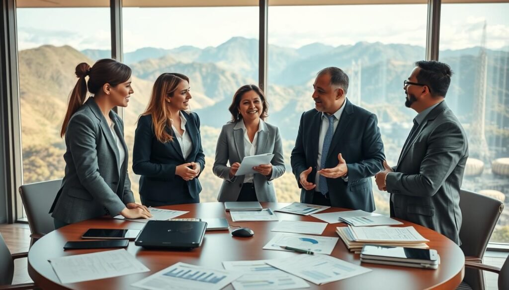 A professional conference room setting in Colombia, showcasing a diverse group of professionals engaged in discussion and collaboration. In the foreground, a round table is filled with papers, charts, and digital devices, representing key resources for planning. The middle ground features five individuals—two women and three men—dressed in smart business attire, animatedly exchanging ideas. The background reveals a large window with a panoramic view of Colombia's mountainous landscape, bathed in warm, natural light creating an inviting atmosphere. The scene conveys a sense of teamwork and strategic thinking, essential elements of institutional coordination in Colombia, with a focus on energy and mining planning. The image should have a professional, optimistic mood, with dynamic body language and facial expressions reflecting engagement. A professional conference room setting in Colombia, showcasing a diverse group of professionals engaged in discussion and collaboration. In the foreground, a round table is filled with papers, charts, and digital devices, representing key resources for planning. The middle ground features five individuals—two women and three men—dressed in smart business attire, animatedly exchanging ideas. The background reveals a large window with a panoramic view of Colombia's mountainous landscape, bathed in warm, natural light creating an inviting atmosphere. The scene conveys a sense of teamwork and strategic thinking, essential elements of institutional coordination in Colombia, with a focus on energy and mining planning. The image should have a professional, optimistic mood, with dynamic body language and facial expressions reflecting engagement.