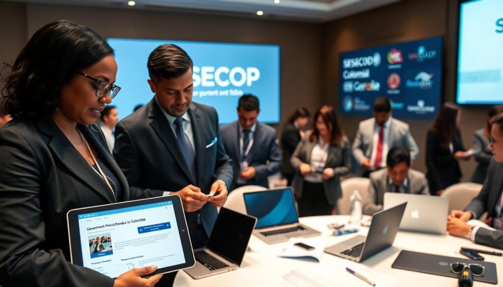 A professional conference setting featuring a diverse group of individuals engaged in discussions about government tenders in Colombia. In the foreground, a middle-aged Black woman in a smart business suit is pointing to a digital tablet, displaying a government procurement portal. Beside her, a Latino man in professional attire is taking notes. In the middle ground, other attendees, dressed in formal business attire, are interacting at a round table surrounded by laptops and printed documents. The background depicts a large screen showing the SECOP logo and various government agency logos, with soft, focused lighting creating an inviting atmosphere. The mood is energetic and collaborative, emphasizing the importance of transparent public procurement opportunities.