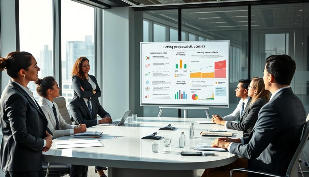 A professional conference setting with a diverse group of business people engaged in a collaborative discussion. In the foreground, a confident woman in formal attire stands in front of a large presentation board displaying colorful graphs and bullet points outlining proposal strategies. In the middle, a diverse team of men and women of varying ethnicities, dressed in sharp business attire, are seated at a sleek conference table, taking notes and exchanging ideas. In the background, the room is well-lit with natural light streaming through large windows, showcasing a modern office skyline. The atmosphere is focused and energetic, conveying determination and professionalism as they strategize to enhance their bidding strategies. A professional conference setting with a diverse group of business people engaged in a collaborative discussion. In the foreground, a confident woman in formal attire stands in front of a large presentation board displaying colorful graphs and bullet points outlining proposal strategies. In the middle, a diverse team of men and women of varying ethnicities, dressed in sharp business attire, are seated at a sleek conference table, taking notes and exchanging ideas. In the background, the room is well-lit with natural light streaming through large windows, showcasing a modern office skyline. The atmosphere is focused and energetic, conveying determination and professionalism as they strategize to enhance their bidding strategies.