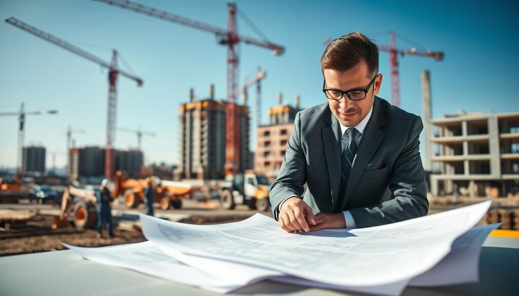 A professional construction manager reviewing blueprints at a construction site, emphasizing the execution of a public works contract. In the foreground, the manager, wearing smart business attire, is closely examining detailed plans and documents spread on a table. In the middle ground, construction workers in hard hats are collaborating, operating machinery and engaged in building activities, demonstrating teamwork and efficiency. The background features a busy worksite with cranes and partially constructed buildings under clear blue skies, symbolizing progress. Soft natural lighting enhances the scene, suggesting a productive atmosphere. The camera angle is slightly elevated, offering a panoramic view of the site, capturing the essence of effective contract execution and risk management in public projects. A professional construction manager reviewing blueprints at a construction site, emphasizing the execution of a public works contract. In the foreground, the manager, wearing smart business attire, is closely examining detailed plans and documents spread on a table. In the middle ground, construction workers in hard hats are collaborating, operating machinery and engaged in building activities, demonstrating teamwork and efficiency. The background features a busy worksite with cranes and partially constructed buildings under clear blue skies, symbolizing progress. Soft natural lighting enhances the scene, suggesting a productive atmosphere. The camera angle is slightly elevated, offering a panoramic view of the site, capturing the essence of effective contract execution and risk management in public projects.