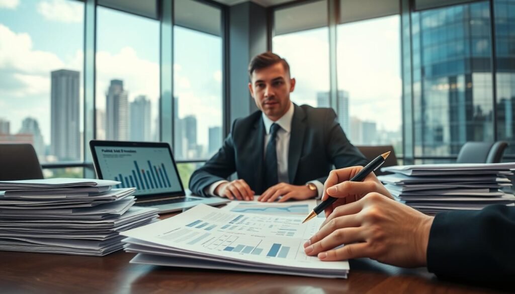 A professional consultant, dressed in business attire, is seated at a large conference table surrounded by stacks of documents and a laptop displaying charts and graphs, symbolizing public bidding processes. In the background, a large window shows a modern Colombian cityscape with skyscrapers, reflecting a professional atmosphere. The foreground features a close-up of hands reviewing a bid proposal with a pen in hand, emphasizing attention to detail and strategic thinking. The scene is well-lit with natural daylight streaming in, creating an inviting and focused ambiance. The composition should evoke a sense of professionalism, confidence, and determination, capturing the essence of engaging in public tenders with a structured approach. A professional consultant, dressed in business attire, is seated at a large conference table surrounded by stacks of documents and a laptop displaying charts and graphs, symbolizing public bidding processes. In the background, a large window shows a modern Colombian cityscape with skyscrapers, reflecting a professional atmosphere. The foreground features a close-up of hands reviewing a bid proposal with a pen in hand, emphasizing attention to detail and strategic thinking. The scene is well-lit with natural daylight streaming in, creating an inviting and focused ambiance. The composition should evoke a sense of professionalism, confidence, and determination, capturing the essence of engaging in public tenders with a structured approach.