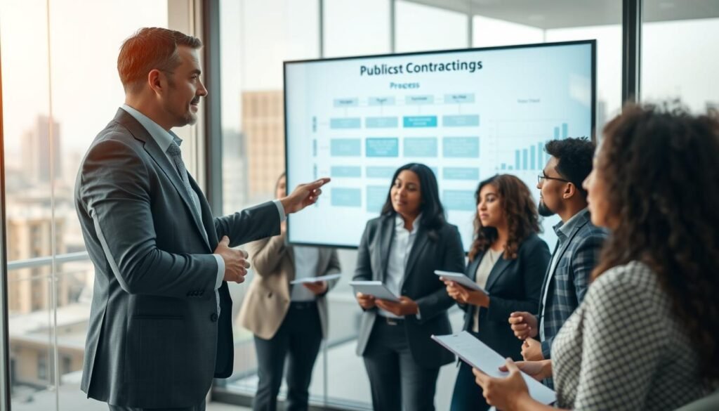 A professional consultant guiding a group of diverse clients in a modern conference room, emphasizing the process of public contracting. In the foreground, a confident consultant wearing business attire gestures towards a large digital presentation screen displaying a flowchart of the contracting process. In the middle, engaged clients with varied ethnic backgrounds, dressed in smart casual clothing, take notes and interact with the consultant. The background features a glass wall revealing a vibrant cityscape, symbolizing transparency and opportunity. Soft, natural lighting illuminates the scene, creating a welcoming and professional atmosphere. The camera angle is slightly elevated, capturing both the consultant's leadership and the clients' collaboration. A professional consultant guiding a group of diverse clients in a modern conference room, emphasizing the process of public contracting. In the foreground, a confident consultant wearing business attire gestures towards a large digital presentation screen displaying a flowchart of the contracting process. In the middle, engaged clients with varied ethnic backgrounds, dressed in smart casual clothing, take notes and interact with the consultant. The background features a glass wall revealing a vibrant cityscape, symbolizing transparency and opportunity. Soft, natural lighting illuminates the scene, creating a welcoming and professional atmosphere. The camera angle is slightly elevated, capturing both the consultant's leadership and the clients' collaboration.