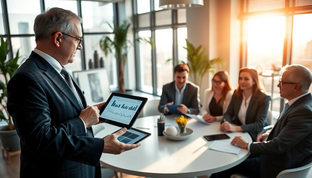 A professional consultant in a modern office setting, engaged in a discussion with a diverse group of business professionals. In the foreground, the consultant, a middle-aged man in a tailored suit, gestures towards a digital tablet displaying charts and data. The middle ground features a round conference table with diverse participants—three men and two women—expressing interest and taking notes, all dressed in business attire. The background showcases a city skyline visible through large windows, with warm sunlight streaming in, creating a bright and optimistic atmosphere. The room is well-furnished, with plants and artwork adding a contemporary touch. The focus is on collaboration and professionalism, reflecting the essence of personalized public contracting consultancy. A professional consultant in a modern office setting, engaged in a discussion with a diverse group of business professionals. In the foreground, the consultant, a middle-aged man in a tailored suit, gestures towards a digital tablet displaying charts and data. The middle ground features a round conference table with diverse participants—three men and two women—expressing interest and taking notes, all dressed in business attire. The background showcases a city skyline visible through large windows, with warm sunlight streaming in, creating a bright and optimistic atmosphere. The room is well-furnished, with plants and artwork adding a contemporary touch. The focus is on collaboration and professionalism, reflecting the essence of personalized public contracting consultancy.