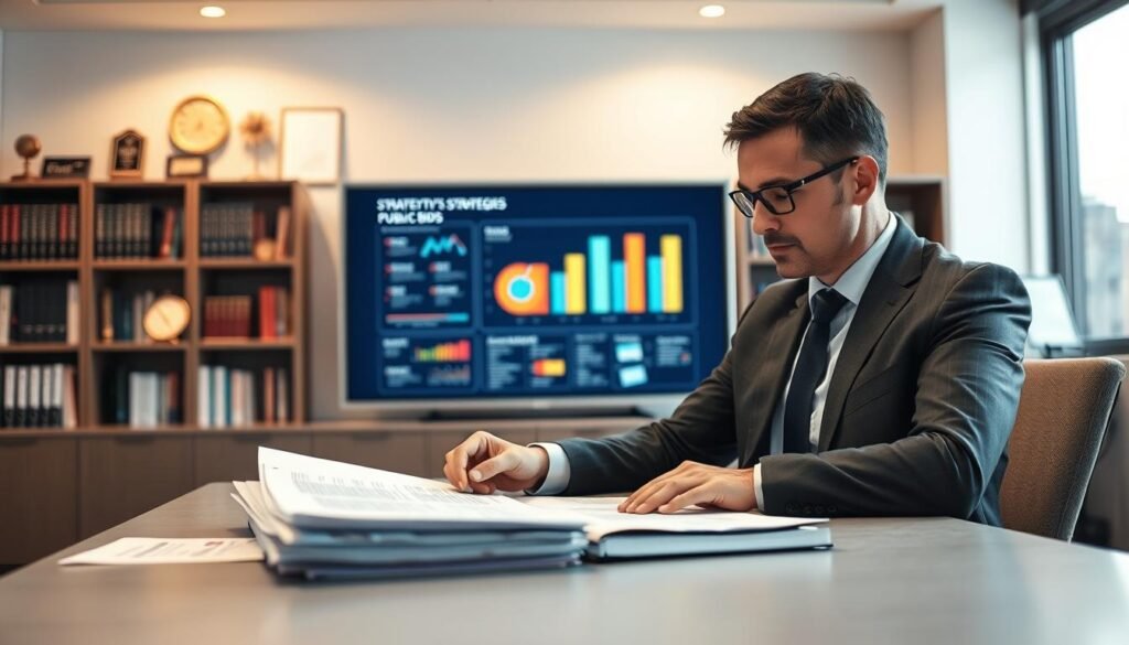 A professional consultant in a modern office setting, focused on creating a detailed technical proposal. In the foreground, a well-dressed individual, wearing a tailored suit, meticulously reviews a stack of documents and charts on a sleek desk. The middle layer shows a large screen displaying a colorful infographic of strategies for public bids, illuminated by soft, warm lighting. In the background, bookshelves filled with business literature and awards create a sense of expertise. The overall atmosphere is one of productivity and professionalism, emphasizing meticulous organization and strategic planning. The scene is captured with a slight depth of field, where the consultant is sharply in focus, while the background gently blurs.