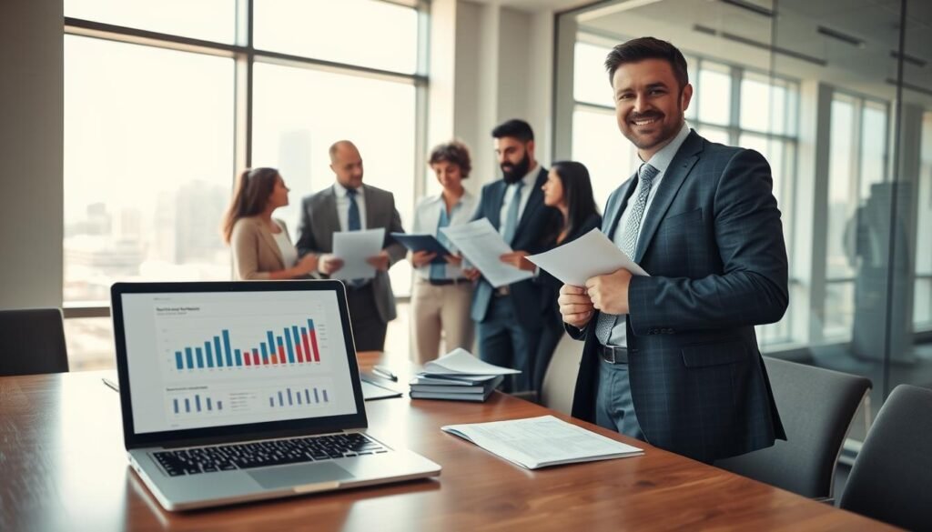 A professional consultant in business attire, holding a contract, stands confidently at a conference table in a well-lit office environment. The foreground features a laptop displaying charts and analytics related to public procurement. In the middle ground, a group of diverse colleagues discusses strategies, with documents and reports scattered around, embodying a collaborative atmosphere. The background shows a large window overlooking a city skyline, symbolizing opportunities and growth. The lighting is bright and warm, creating an optimistic mood. Capture the essence of risk management in hiring consultants, emphasizing professionalism and careful decision-making. The perspective is slightly elevated, focusing on the interaction and the serious yet positive ambiance of the workplace setting.