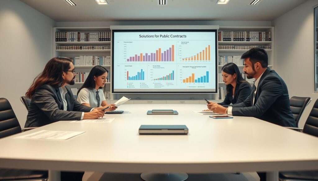 A professional consulting office space focused on public procurement services. In the foreground, a diverse group of three business professionals in formal attire engage around a modern conference table, studying documents and digital devices. The middle of the scene showcases a large projection screen displaying graphs and charts related to public contracts. In the background, shelves filled with books on law and government procurement create an academic atmosphere. Soft, diffused lighting brightens the room, emphasizing the serious yet collaborative mood aimed at solutions for public contracts. The angle captures both the engaged professionals and the informative screen, transporting the viewer into a proactive consulting environment in Colombia.