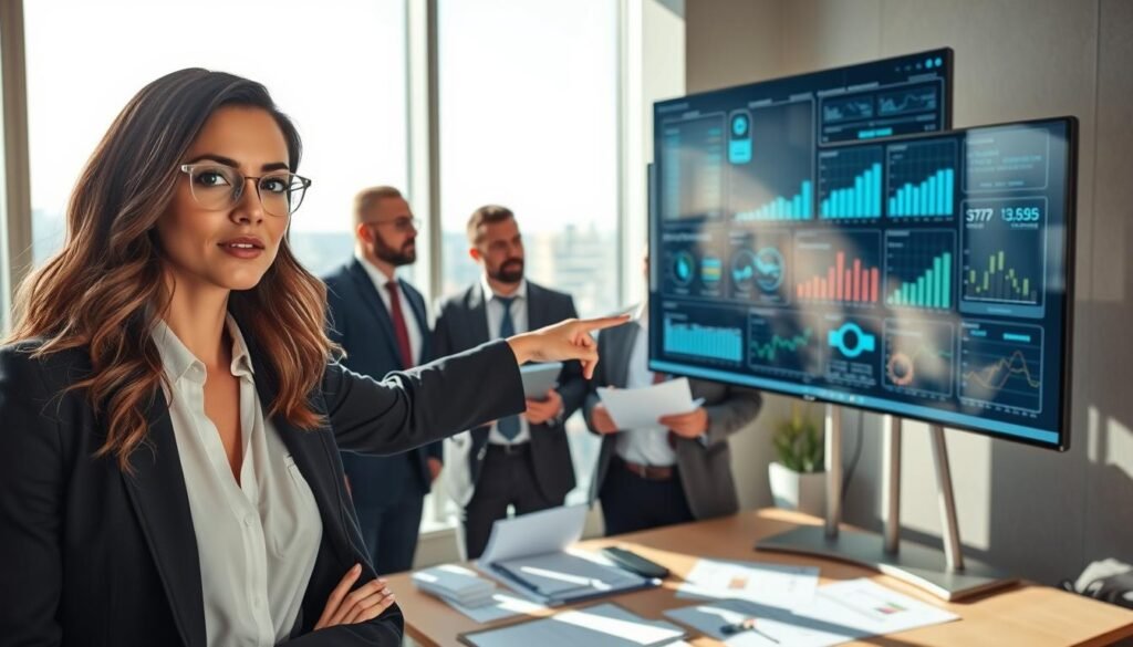 A professional consulting scene focused on public procurement, depicting a diverse group of business professionals in a modern office setting. In the foreground, a confident woman in business attire points at a digital screen displaying analytics and procurement strategies. In the middle ground, two men, one with glasses and another with a tablet, discuss strategies while surrounded by documents and charts. The background features large windows with a city view, allowing natural light to illuminate the space, creating a bright and focused atmosphere. The mood is collaborative and efficient, reflecting the optimization of public procurement processes in SECOP II. Soft shadows from the window light add depth, enhancing the professionalism of the environment.