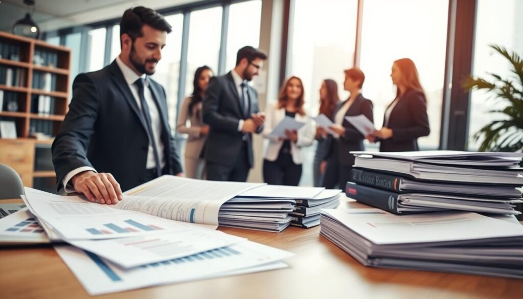 A professional consulting scene focused on "servicios contratación estatal," showcasing key elements for success in public bidding. In the foreground, a well-dressed consultant analyzing documents and a laptop with graphs and charts visible, symbolizing strategy and preparation. The middle ground features a diverse team of professionals in business attire engaging in discussion, surrounded by stacks of paperwork and binders representing public contracts. In the background, a modern office setting with large windows allowing natural light to pour in, creating an atmosphere of focus and collaboration. The mood is optimistic and dynamic, emphasizing teamwork and professionalism, captured with a slightly angled view to add depth and interest.