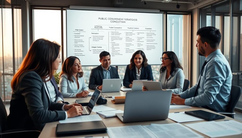 A professional consulting session in a modern office setting, focused on public procurement strategies in Colombia. In the foreground, a diverse group of three business professionals dressed in smart casual attire are gathered around a large table covered with documents, laptops, and a projector displaying a flowchart illustrating the hiring process. The middle ground features a whiteboard filled with notes and key steps of successful contracting processes. In the background, large windows permit natural light, casting a warm glow across the room and showcasing a city skyline. The atmosphere is collaborative and focused, emanating a sense of expertise and determination to succeed in public contracting endeavors. Use soft lighting to enhance the professional mood, captured from a slightly elevated angle to provide depth.