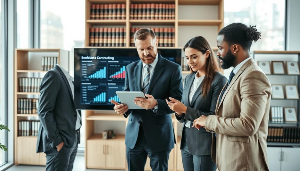 A professional consulting team gathered in a modern office space, surrounded by sleek technology and academic resources. In the foreground, three diverse consultants, dressed in professional business attire, engage in a dynamic discussion over a digital tablet. The middle layer showcases a large screen displaying data analytics and charts, reflecting their expertise in state contracting. In the background, shelves lined with legal books and certificates convey a strong academic foundation. Soft, natural lighting filters through large windows, creating a warm, inviting atmosphere. The overall mood is one of collaboration, innovation, and professionalism, perfectly illustrating a specialized advisory team at work.