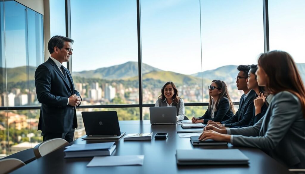 A professional legal advisor standing in a modern office, engaged in a discussion with a team of diverse professionals, all dressed in business attire. The foreground features a sleek conference table with documents, laptops, and legal reference books. In the middle, a large window allows natural light to fill the room, casting soft shadows. The background shows a cityscape of Bogotá, Colombia, with vibrant green hills in the distance, under a clear blue sky. The atmosphere conveys a sense of collaboration and focus, emphasizing the importance of compliance in competitive bidding. The lighting is bright and optimistic, enhancing the professional and serious mood of the scene. A professional legal advisor standing in a modern office, engaged in a discussion with a team of diverse professionals, all dressed in business attire. The foreground features a sleek conference table with documents, laptops, and legal reference books. In the middle, a large window allows natural light to fill the room, casting soft shadows. The background shows a cityscape of Bogotá, Colombia, with vibrant green hills in the distance, under a clear blue sky. The atmosphere conveys a sense of collaboration and focus, emphasizing the importance of compliance in competitive bidding. The lighting is bright and optimistic, enhancing the professional and serious mood of the scene.