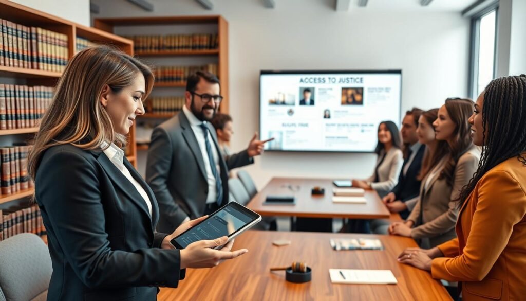 A professional legal office featuring a diverse group of individuals engaged in a discussion about access to justice, showing equality in a modern setting. In the foreground, a woman in formal business attire is holding a digital tablet, while a man in a suit gestures towards a digital screen displaying legal resources. The middle ground depicts a conference table with additional attendees, representing various backgrounds and ages, all dressed in professional attire. The background includes shelves filled with legal books and a large window letting in natural light, casting a warm, inviting glow. The overall mood is collaborative and hopeful, emphasizing the use of technology in making justice accessible to all. The image should be captured with a soft focus lens for a professional finish.