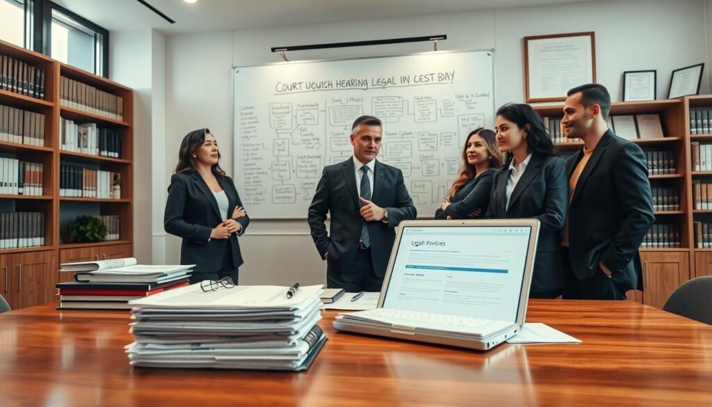 A professional legal office interior, showcasing a modern, well-lit environment. In the foreground, a polished wooden desk is adorned with stacks of legal documents and a high-tech laptop displaying a digital case file. To the right, a diverse group of three professionals, dressed in sharp business attire, are engaged in a focused discussion about legal implications, their expressions serious and committed. The middle ground features a large, transparent whiteboard filled with strategic notes and flowcharts related to court hearings and legal powers. The background presents shelves filled with legal books and framed certificates on the walls, enhancing the atmosphere of professionalism and authority. Soft natural light filters through large windows, creating a bright and motivating workspace.