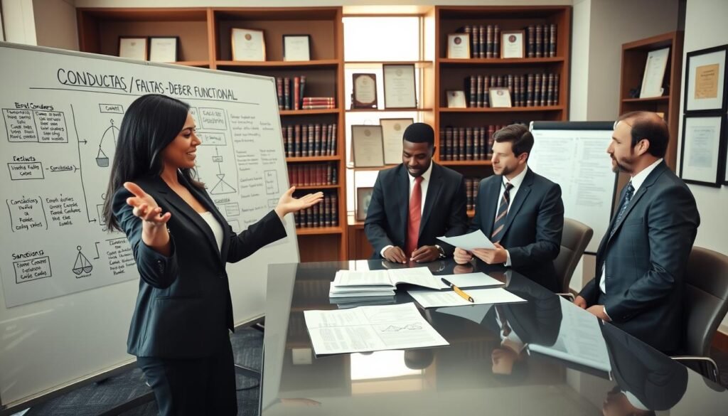 A professional legal office setting, showcasing a diverse group of individuals in professional business attire discussing concepts related to "conductas faltas deber funcional." In the foreground, a confident female lawyer of Hispanic descent gestures towards a large whiteboard filled with legal flowcharts and diagrams representing accountable behaviors and sanctions. In the middle, two male colleagues, one Black and one Caucasian, attentively examine legal documents on a sleek conference table. The background features shelves filled with law books and framed certificates, creating an authoritative atmosphere. Soft, natural lighting filters in from a large window, casting a warm glow throughout the space. The overall mood is serious yet collaborative, reflecting the complex nature of understanding legal duties and misconduct. A professional legal office setting, showcasing a diverse group of individuals in professional business attire discussing concepts related to "conductas faltas deber funcional." In the foreground, a confident female lawyer of Hispanic descent gestures towards a large whiteboard filled with legal flowcharts and diagrams representing accountable behaviors and sanctions. In the middle, two male colleagues, one Black and one Caucasian, attentively examine legal documents on a sleek conference table. The background features shelves filled with law books and framed certificates, creating an authoritative atmosphere. Soft, natural lighting filters in from a large window, casting a warm glow throughout the space. The overall mood is serious yet collaborative, reflecting the complex nature of understanding legal duties and misconduct.