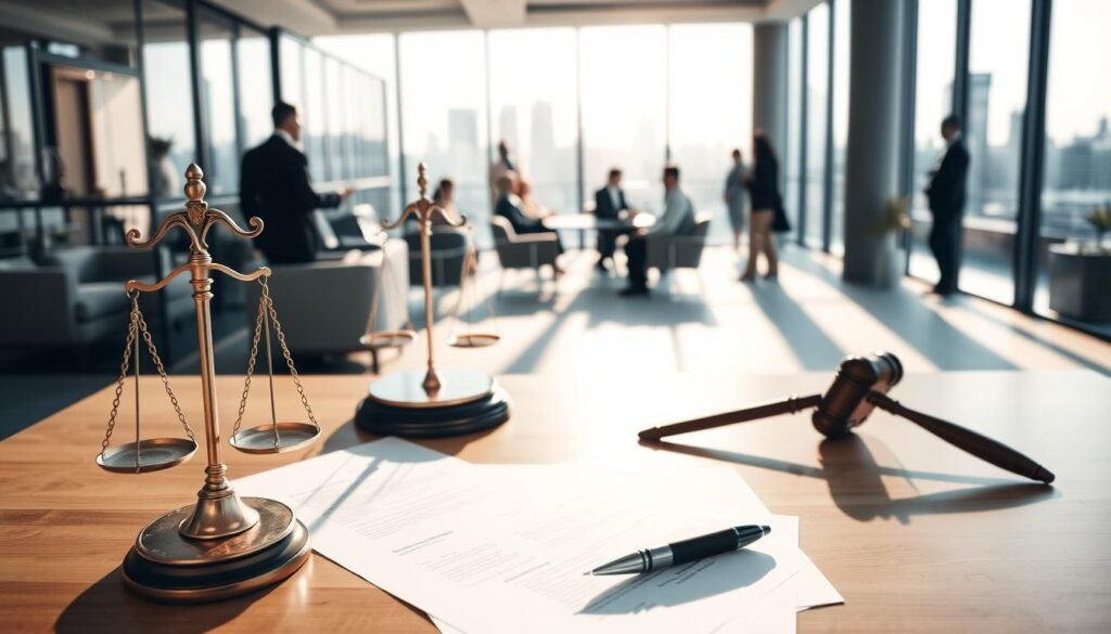 A professional legal setting showcasing the essence of "Ley 1150 de 2007". In the foreground, a neatly arranged table with official documents and a scale symbolizing justice, alongside a pen and a gavel. The middle ground features a modern office space with glass partitions and sophisticated furniture, bustling with professionals in business attire engaged in discussions. The background displays a large window revealing a city skyline, bathed in soft, natural sunlight that creates an atmosphere of focus and diligence. Soft shadows create a calm yet motivating environment. The angle is slightly elevated, providing a comprehensive view of the workspace while maintaining a balanced composition. The image evokes a sense of professionalism, legality, and transparency.