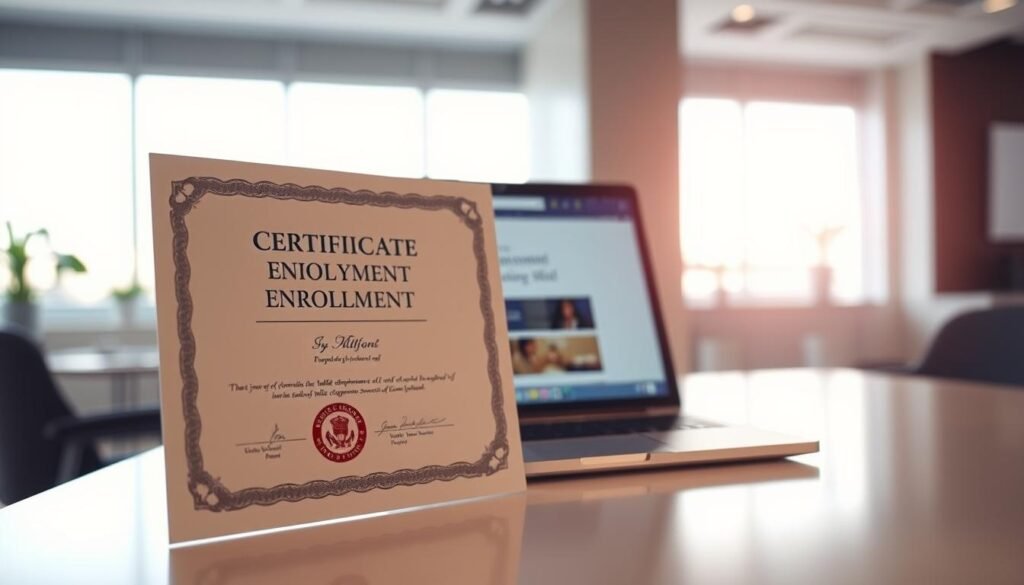 A professional-looking certificate of enrollment displayed prominently in the foreground, featuring an elegant design with ornate borders and a seal symbolizing official recognition. In the middle ground, a sleek computer or laptop is open, showing a web browser with the interface of a public employment service portal, indicating the process of downloading the certificate. The background displays a modern office setting, softly illuminated by natural light coming from a window, creating a calming atmosphere. The overall mood conveys professionalism and empowerment, suggesting the importance of accessing public employment resources. The composition should have a focus on clarity, with a slight depth of field to make the certificate and the laptop the main focal points without any text or distractions.