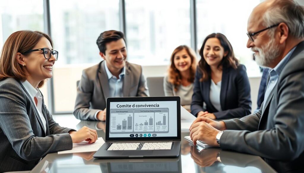 A professional-looking group meeting in a modern office setting, showcasing a diverse team of individuals engaged in a discussion about workplace harmony and conflict resolution. In the foreground, three professionals in business attire animatedly participate: a middle-aged woman with glasses, a young man with short hair, and an older gentleman with a calming presence. The middle of the composition features a conference table with papers and a laptop displaying charts related to workplace guidelines, symbolizing the "Comité de Convivencia." The background shows a bright, well-lit space with large windows allowing natural light, creating an inviting atmosphere. The image should evoke a sense of collaboration, engagement, and professionalism, indicating a proactive approach to workplace issues.